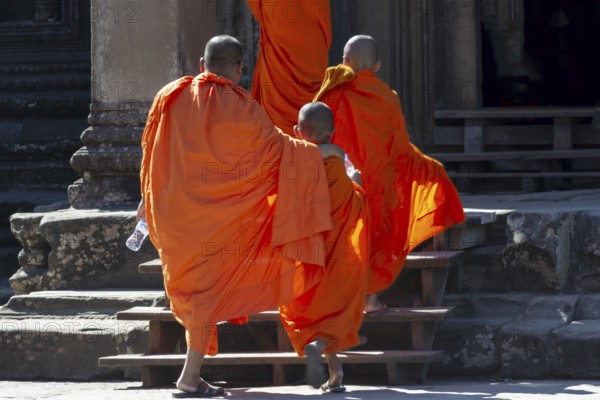 Buddhist monks and novices in orange monk's robes at the entrance to the Angkor Wat temple complex, Angkor temple complex, Siem Reap, Cambodia, Southeast Asia