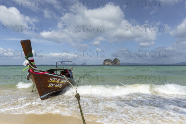 Longtail boat on the beach, Koh Ngai Island, Andaman Sea, Satun Province, Southern Thailand, Thailand