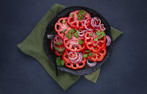 Freshly sliced tomatoes and red onions, garnished with herbs, on a black plate, summer salad, no people