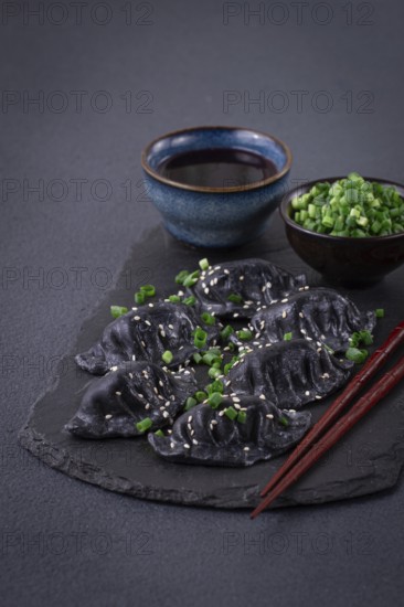 Japanese gyoza dumplings, made of black dough, black gyoza, with green onions and sauce, on a plate, close-up