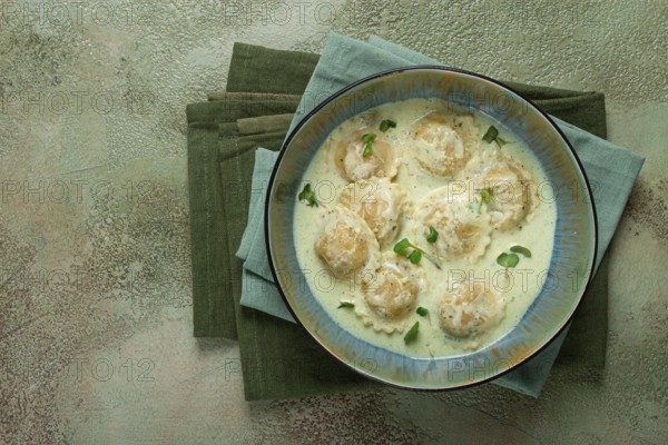 Ravioli in cream sauce, spices and herbs, top view, no people