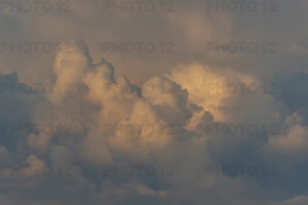 Fluffy clouds fill the sky, tinted by soft oranges and yellows as the sun is setting. The tranquil scenery captures the beauty of nature at dusk