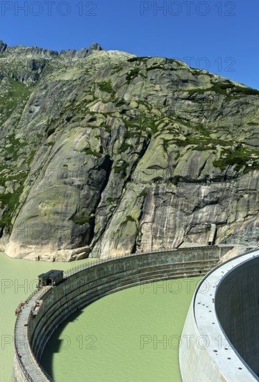 Replacement of Spitallamm dam, old dam on the left, new Spitallamm dam on the right, Grimsel reservoir, Guttannen, Bernese Oberland, Canton, Bern, Switzerland