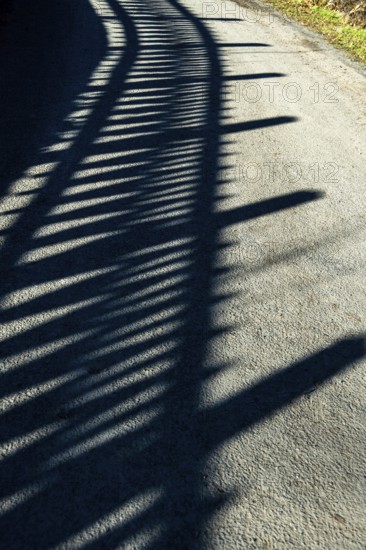 Shadows cast by a fence stretch across a sunlit path, creating an intriguing interplay of light and dark. France