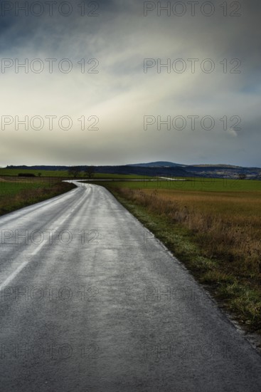 A winding road stretches through green fields under a cloudy sky, showcasing the beauty of the landscape with distant mountains in view. Auvergne. France