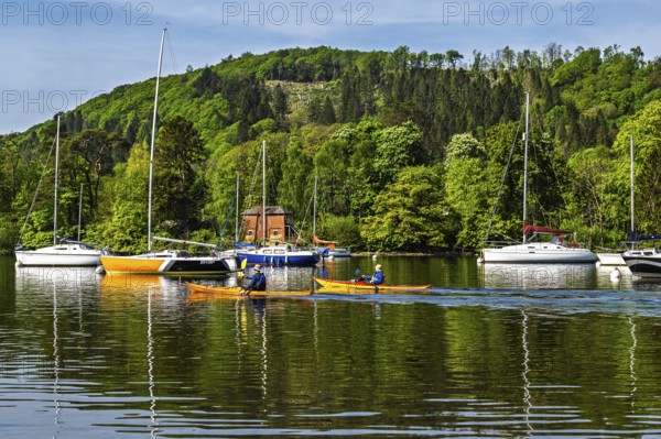 Kayaks and Boats on Windermere Lake, Fell Foot Park, Lake District, Cumbria, England, United Kingdom