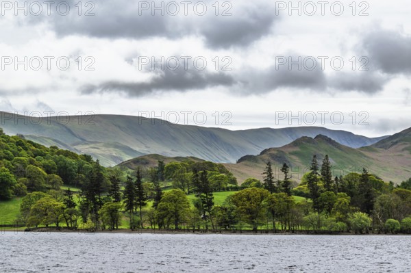 Farms and Mountains over Ullswater Lake, Lake District National Park, Cumbria, England, United Kingdom
