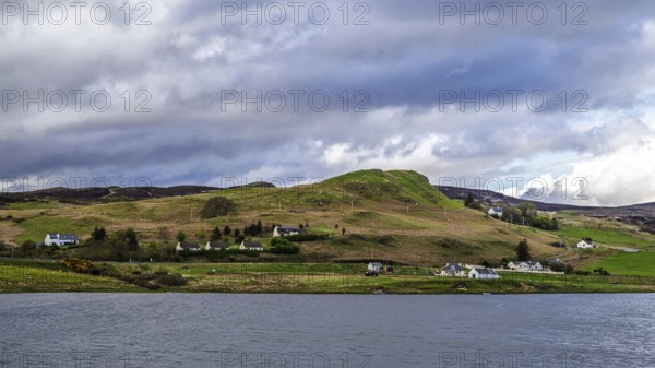 Farms over Loch Harport, Drynoch, Isle of Skye, Scotland, UK
