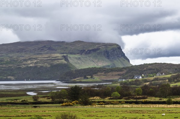 Farms over Loch Portree, Portree, Isle of Skye, Scotland, UK