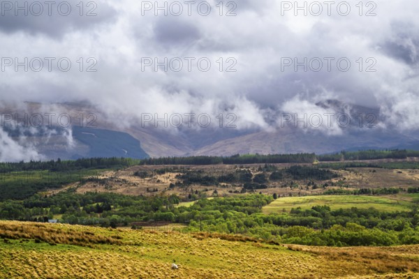 Nevis Range Mountains from Commando Memorial, Grampian Mountains, Fort William, Highland, Lochaber, Scotland, UK