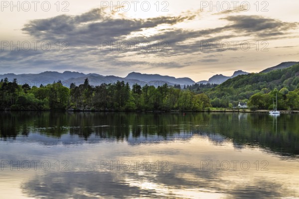 Boats on Windermere Lake and mountains, Ambleside, Lake District, Cumbria, England, United Kingdom