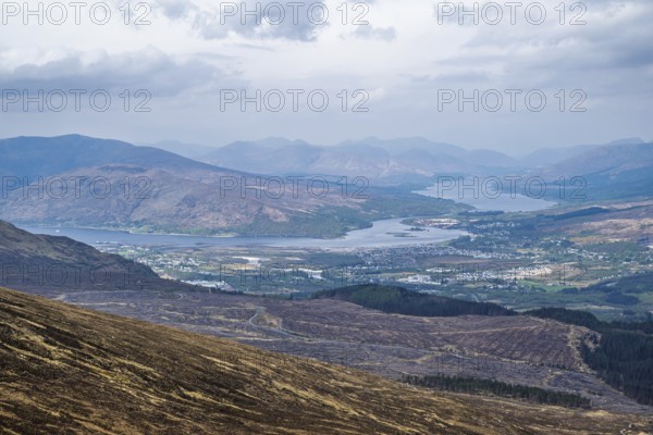 View from Nevis Range Mountains, Grampian Mountains, Fort William, Highland, Lochaber, Scotland, UK