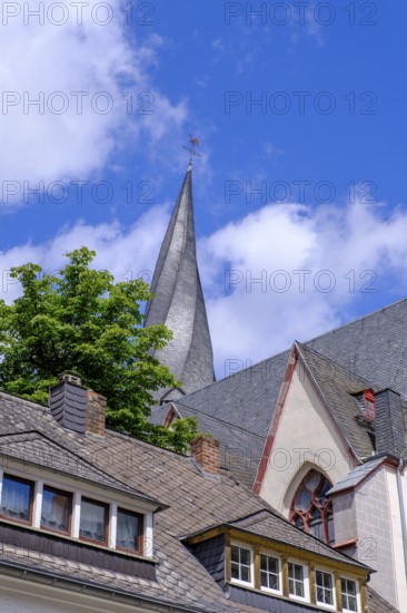 Twisted tower, parish church of St Clemens, Mayen, Vulkaneifel, Eifel, Rhineland-Palatinate, Germany