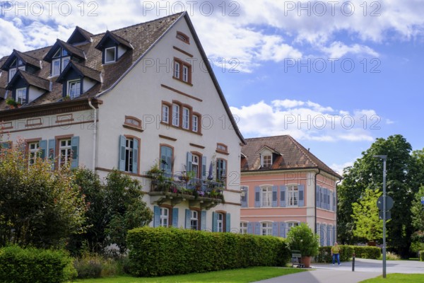 Lobdengau Museum, with sculpture La Protection, on the banks of the Neckar, Ladenburg, Rhine-Neckar district, Baden-Württemberg, Germany