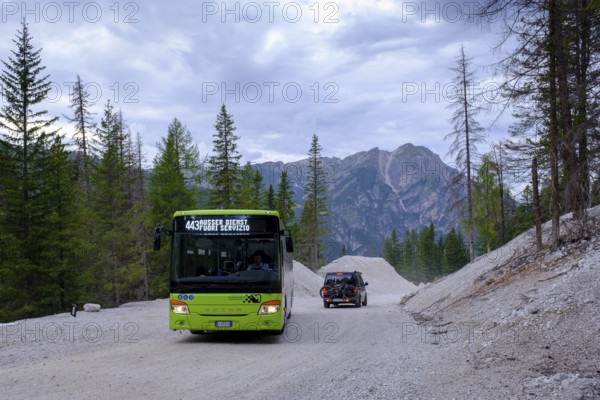 Public bus, public transport and campers on the toll road, Prato Piazza, Alta Braies, Braies Valley, Val Pusteria, South Tyrol, Italy