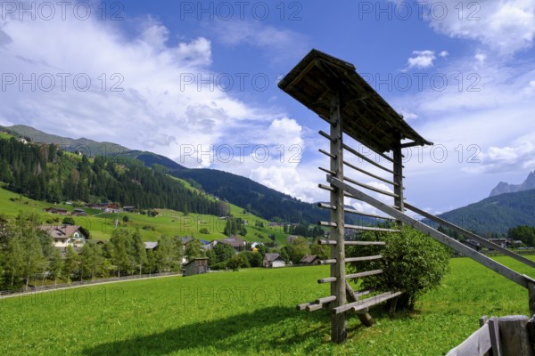 Wooden rack for drying hay, Sesto, Dolomites, Val Pusteria, South Tyrol, Italy