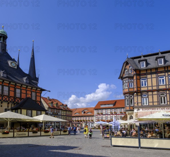 Half-timbered houses on the market square, Wernigerode, Harz, Saxony-Anhalt, Germany