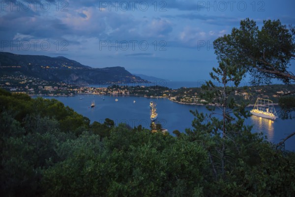 Panorama, blue hour, sunset, view from Mont Boron, Saint-Jean-Cap-Ferrat, Cap Ferrat, Alpes Maritimes, Provence Alpes Cote d'Azur, French Riviera, South of France, France
