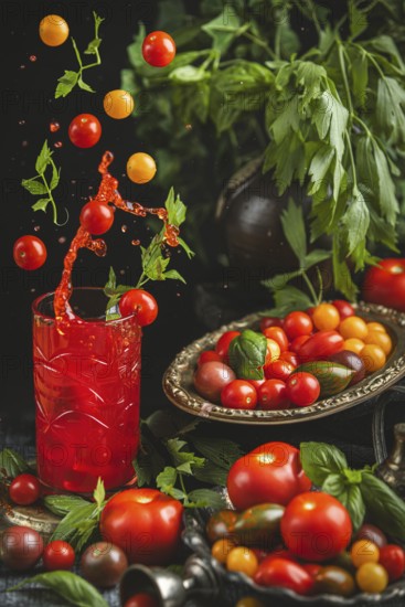 Tomatoes fall into a jar with tomato juice surrounded by herbs