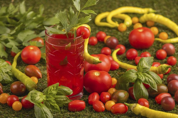 Glass of tomato juice surrounded by tomatoes, chilli peppers and herbs on grass