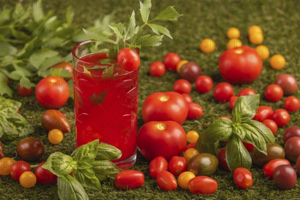 Glass with tomato juice surrounded by tomatoes and herbs on grass