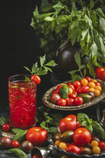 Rustic still life with tomatoes, tomato juice and herbs in a dark setting