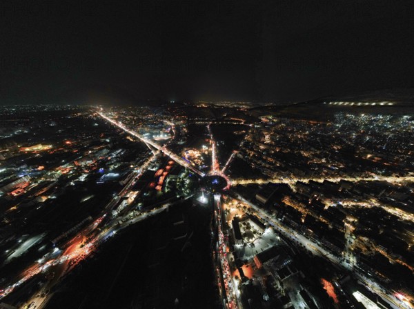 Aerial view of the Umayyad Square shining at night