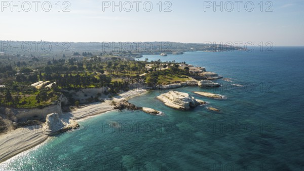 Aerial view of the picturesque white rocks that surround the coast in Latakia, Syria