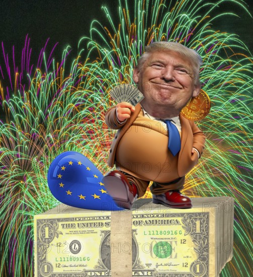 Symbolic image, extreme tariff, EU and Germany under political pressure, global economy, industry, Donald Trump, global tariff threats, Elon Musk, Mark Zuckerberg, social networks, fake news, rights broken, hate, hate speech, DSG Digital Services Act, re-election, USA, politics, announcements, vendetta, wanted dictator, Republicans, US electoral system, global danger, lies, 2nd term, global burden, Ukrainian war, storming White House