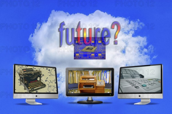 Symbol photo, future from typewriter to telex to fax machine and CPU, Business 4.0, ChatGBT, AI, AI, OpenAI, chatbot, artificial intelligence, artificial intelligence, IT system, computer science, IT technology, computer system, software, Microsoft, Apple, Intel, silicon brain, thinking machine, creativity, new wonder of the world, Einstein replacement, problem intelligence, AI research, voice robot, algorithm, AI danger