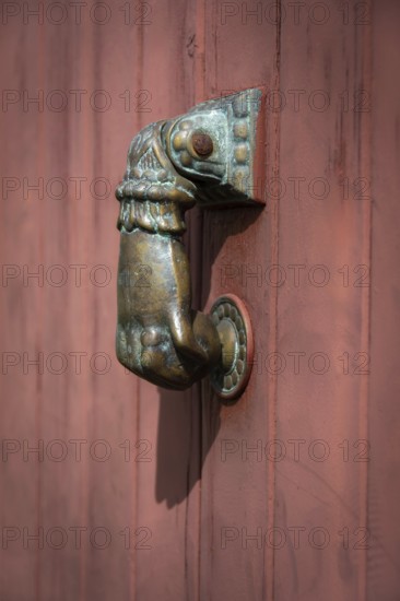 A distinctive lion-shaped door knocker is affixed to a red wooden door. The intricate design and bronze sheen add character to the entrance, inviting visitors