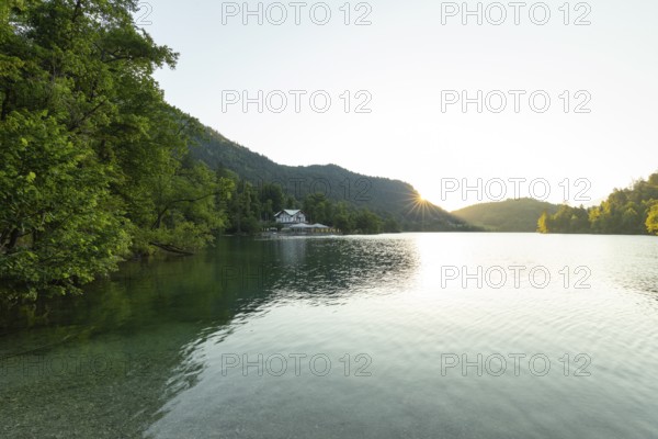 Sunrise in summer at Lake Thumsee near Bad Reichenhall with a view of the Seewirt