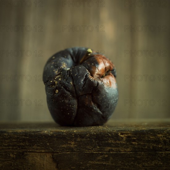 A wrinkled and overripe apple rests on a rustic wooden surface, showcasing a blend of deep colors and textures. Soft lighting highlights its unique features and imperfections