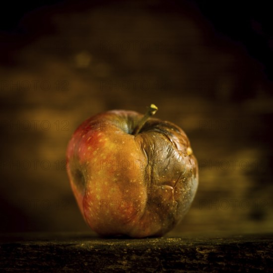 A decaying apple sits on a wooden surface, showcasing its wrinkled skin and faded color against a softly lit, dark background. This scene evokes a sense of time passing and decay