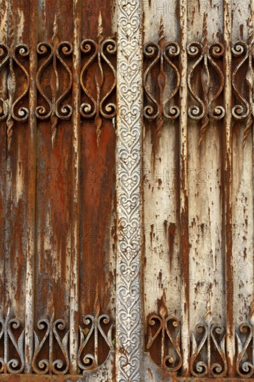 This scene showcases a weathered metal door featuring ornate decorative elements, displaying various shades of rust and peeling paint, reflecting years of neglect and age. France