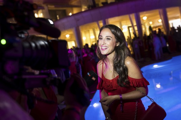 Nina Moghaddam in an interview at the Remus Lifestyle Night on the roof terrace of the Pure Salt Hotel in El Toro, Magaluf, Majorca, Spain on 31/07/2025