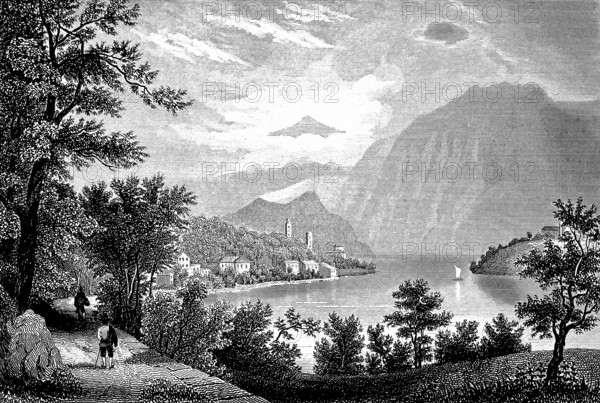 Lago di Como, Lake Como on the southern edge of the Alps, idyllic mountain landscape, hikers on the lakeshore, towers, houses, sailing boat, steep slope, lush vegetation, tourist attraction, Lombardy, Italy, historical illustration 1877