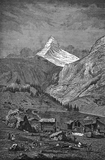 The famous Matterhorn, snow, alpine pasture, meadow with wooden huts, rocks, farmers, tourist attraction, Swiss Alps, Switzerland, historical illustration 1877