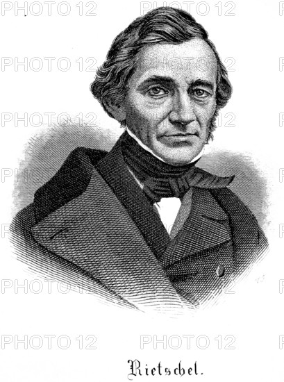 Portrait of Ernst Friedrich August Rietschel (1804-1861) neckerchief, coat, sculptor of late classicism, academy professor, Dresden, Kingdom of Saxony, Germany, steel engraving, historical illustration 1877