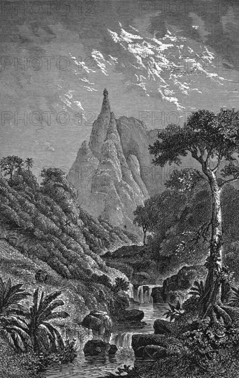 Mount Pieter Both with pointed peak (820m), idyllic lonely landscape with waterfalls, dense subtropical vegetation, scenic sight, island in the Indian Ocean, Pamplemousses district, Mauritius, historical illustration 1877