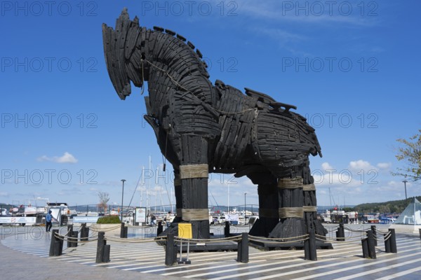 Wooden sculpture of a horse at the harbour in a clear, sunny environment with boats and clouds, Trojan horse, famous film prop, Çanakkale, Canakkale, Marmara region, Turkey