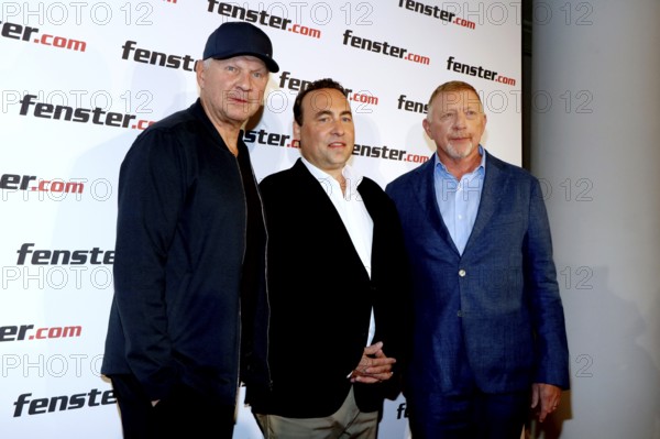 Stefan Effenberg, Philipp Neuffer (CEO Fenster.com) and Boris Becker at the press conference to mark the presentation of the new TV and social media adverts for fenster.com's 'Gute Fenster - Gute Nachbarschaft' campaign at the Hotel Adlon. Berlin, 31.07.2025