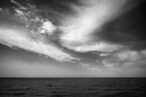 View of the sea, sky, Atlantic Ocean, clouds, Grandcamp-Maisy, black and white, Normandy, Calvados, France