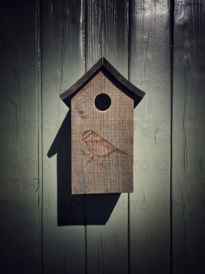 A wooden birdhouse, featuring a carved bird design, is suspended from a rustic gray wall. This quaint structure creates a soothing ambiance in the serene outdoor environment