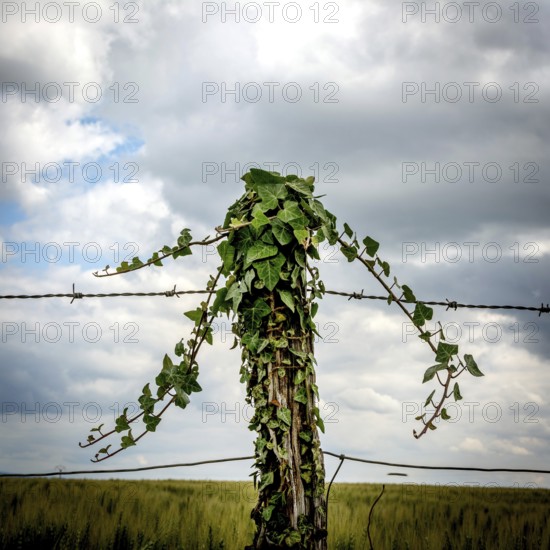 A weathered fence post is enveloped in climbing vines, showcasing nature's resilience. Auvergne. France