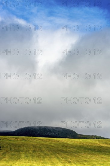 A bright yellow field stretches across the landscape, illuminated by sunlight that peeks through the clouds. A dark hill looms in the distance, enhancing the serene atmosphere. Puy de Dome. Auvergne Rhone Alpes. France