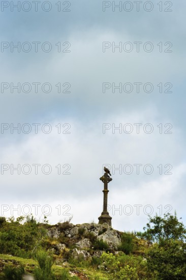 A stone cross towers over rocky ground, surrounded by greenery. Dark clouds loom overhead, creating a dramatic backdrop that enhances the peacefulness of the area. Puy de Dome. Auvergne Rhone Alpes. France