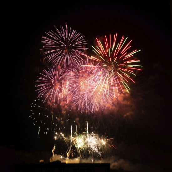 Colorful fireworks burst across the night sky in France, marking the celebration of Bastille Day on July 14th. Spectators enjoy the vibrant display as it honors French national pride
