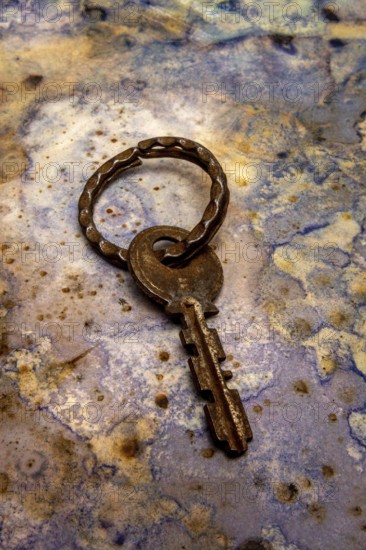 An aged key lies on a beautifully textured surface, showcasing its unique design and patina. The earthy tones highlight the key's vintage character, evoking stories from the past
