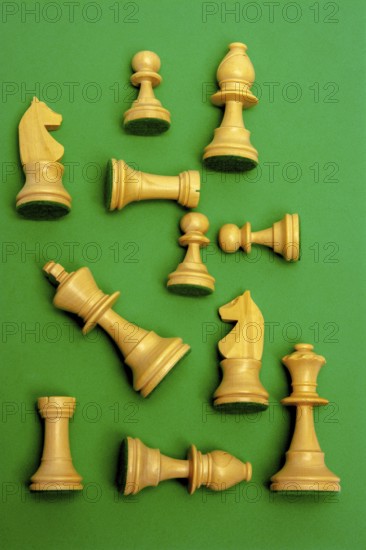 A group of fine wooden chess pieces is displayed, showcasing the knight, pawn, rook, bishop, queen, and king. The vibrant green background adds contrast to the classic design